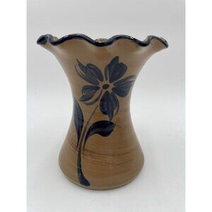 Vintage 1999 Williamsburg Pottery Vase Brown & Blue Floral Design 6" Tall